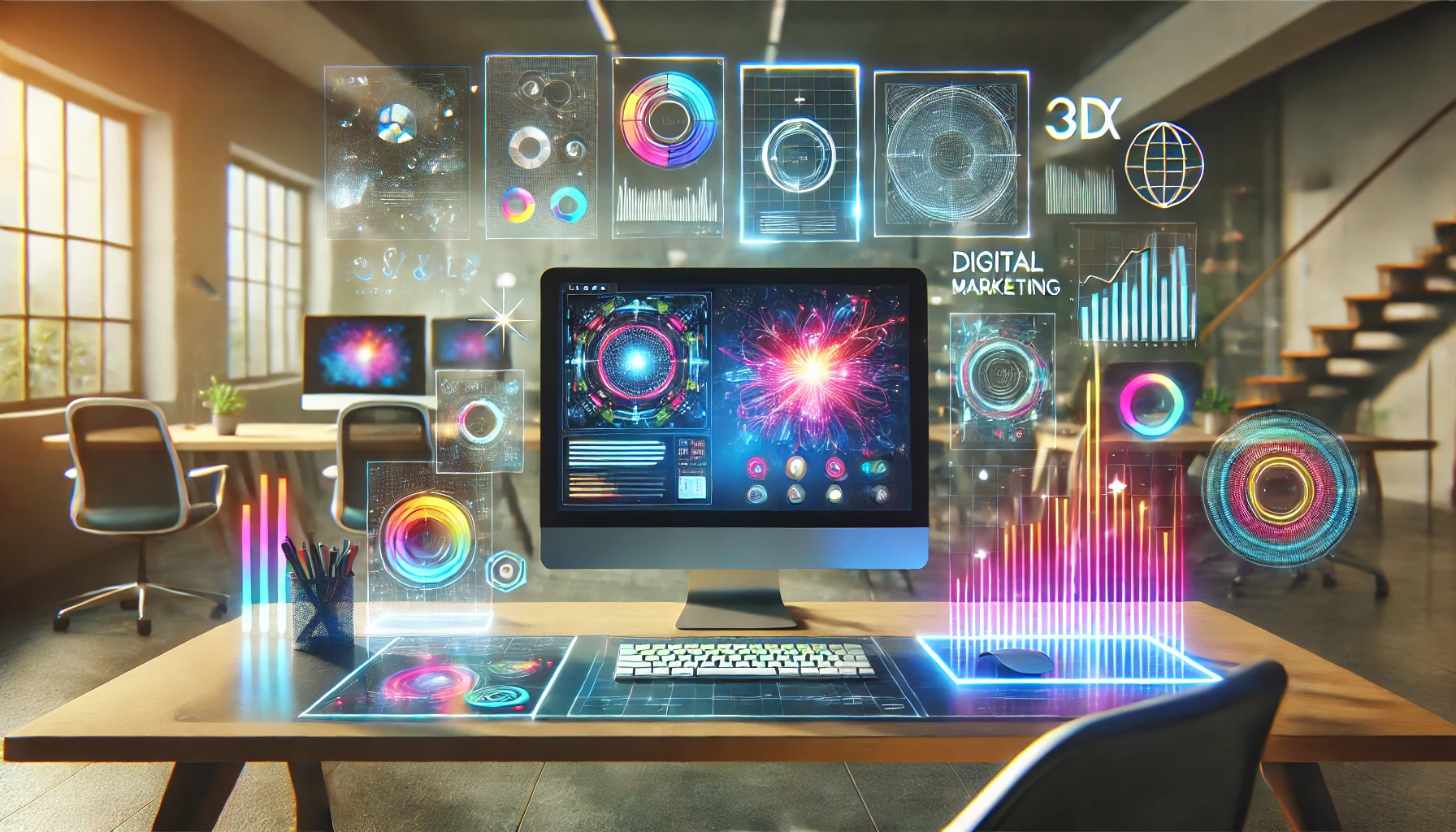 A futuristic workspace showing a sleek, modern computer with a vibrant website interface on the screen. Surrounding the computer are elements of technology, including glowing 3D designs, abstract UI/UX elements, and digital marketing charts. The background features a minimalistic office setup with a focus on creativity and innovation